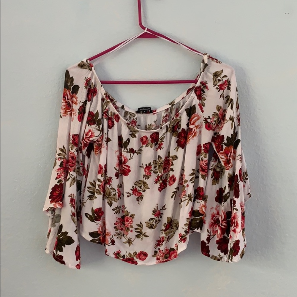 Red and pink rose blouse white top
